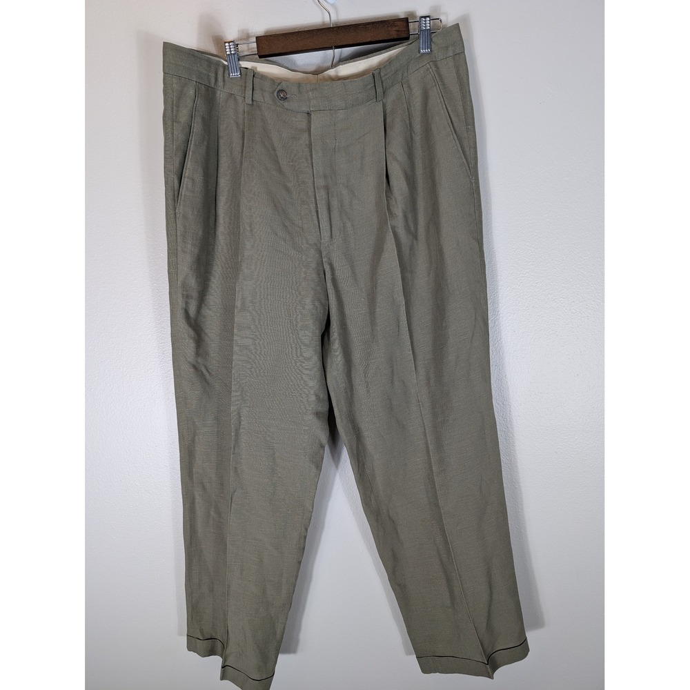 Joseph & Lyman Mens 38/30 Linen Pleated Cuffed Dress Pants Olive Green  Summer